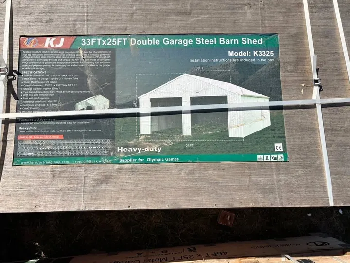 Box label for a 33 ft by 25 ft double garage steel barn shed, model K3325