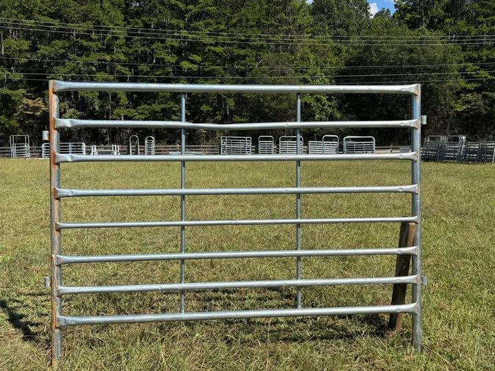 Panneau de corral renforcé galvanisé 6x8 dressé dans un pâturage