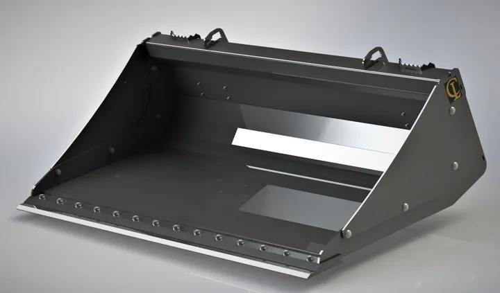 Solid smooth-edge skid steer bucket, studio view