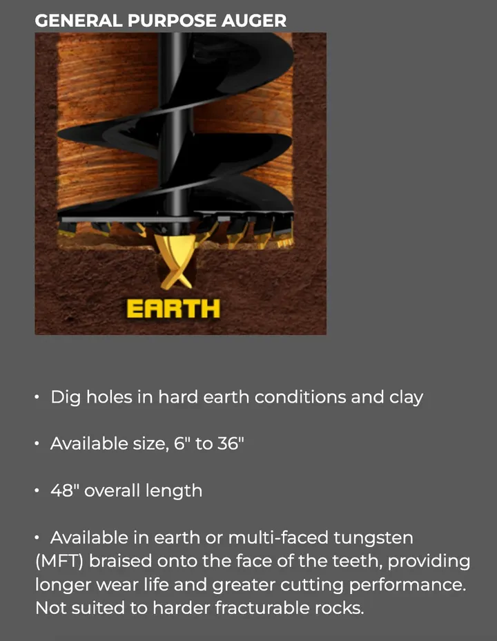 General purpose earth auger: digs holes in hard earth and clay, 6 to 36 inch sizes, 48 inch overall length